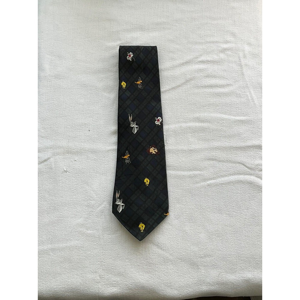 VTG Looney Tunes Plaid Tie Green Bugs Bunny Taz Tweety Daffy Duck Cartoon 1993